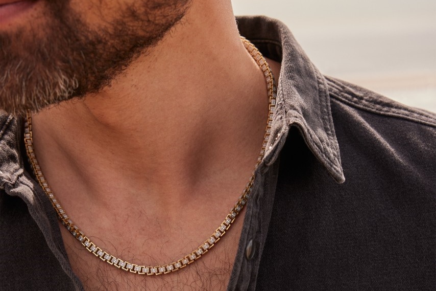 Image of man wearing diamond box chain necklace