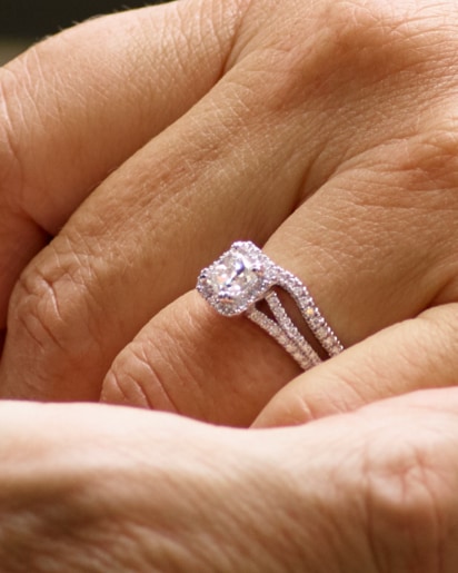 Close up of cushion cut engagement ring