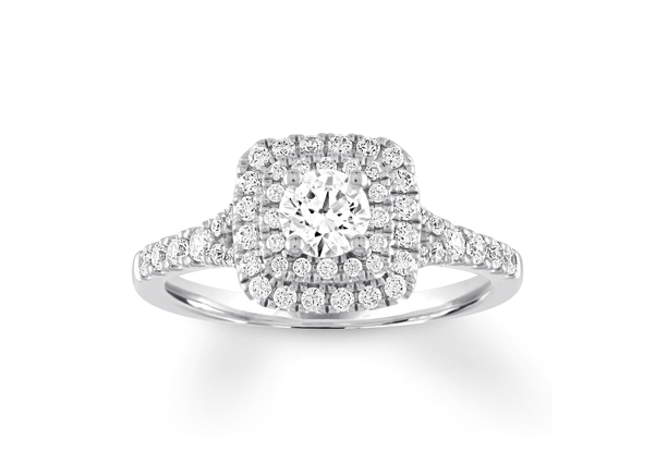 Halo engagement ring with round-cut center stone