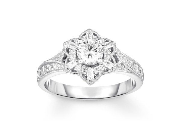 Unique engagement ring with round-cut center stone