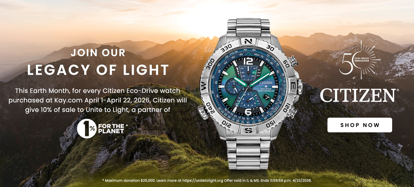Join our legacy of light. This Earth Month, for every Citizen Eco-Drive watch purchased at Kay.com April 1-April 22, 2026, Citizen will give 10% of sale to Unite to Light, a partner of 1% For the Planet. 50 Years of Citizen Eco Drive innovation. Shop Now.