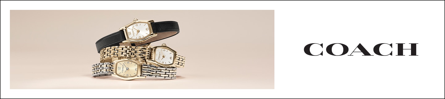 Three Coach watches stacked on beige background next to black Coach logo