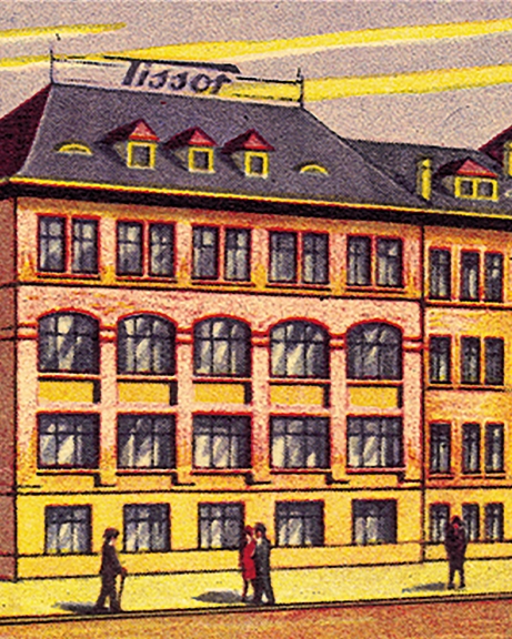 Retro illustration of building with Tissot sign at the top