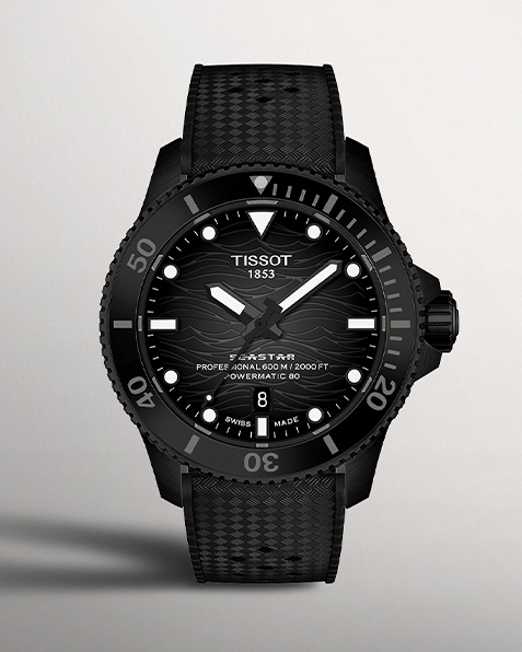 Black Tissot Seastar watch with gray background