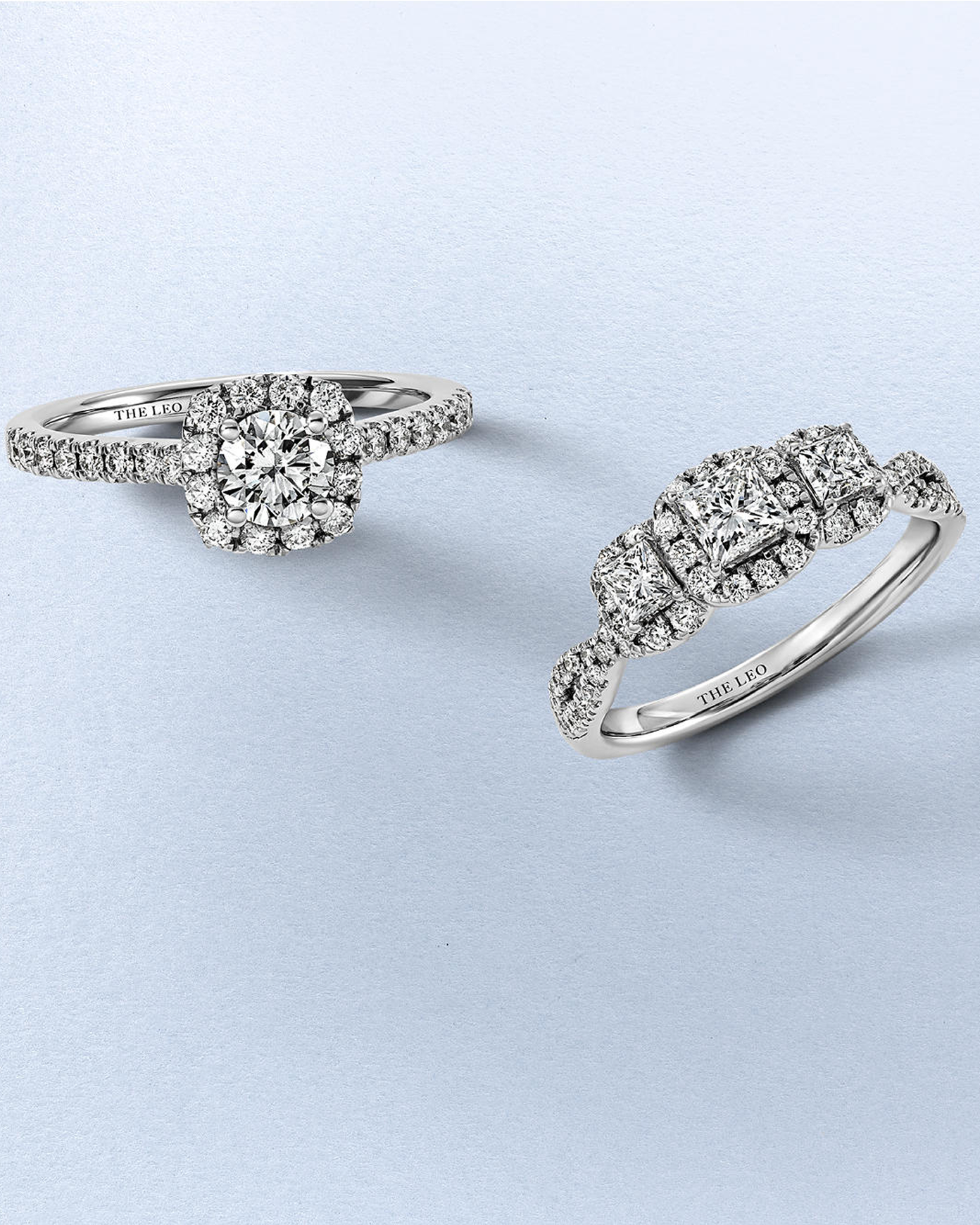 Kay Leo Diamond engagement rings featuring round and princess-cut center diamonds surrounded by halo accents and pavé-set diamond bands for exceptional brilliance and sparkle