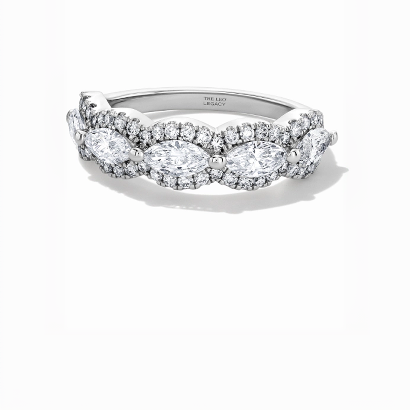 Kay Leo Legacy diamond wedding band featuring marquise-cut diamonds framed by round diamond halos and pavé accents in a polished white gold setting